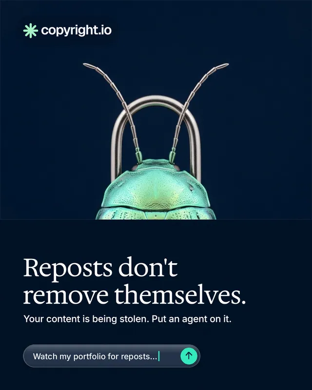 Instagram portrait post for copyright.io: "Reposts don't remove themselves." Agentic glass style, bottom layout, dark palette in black, grey, blue.