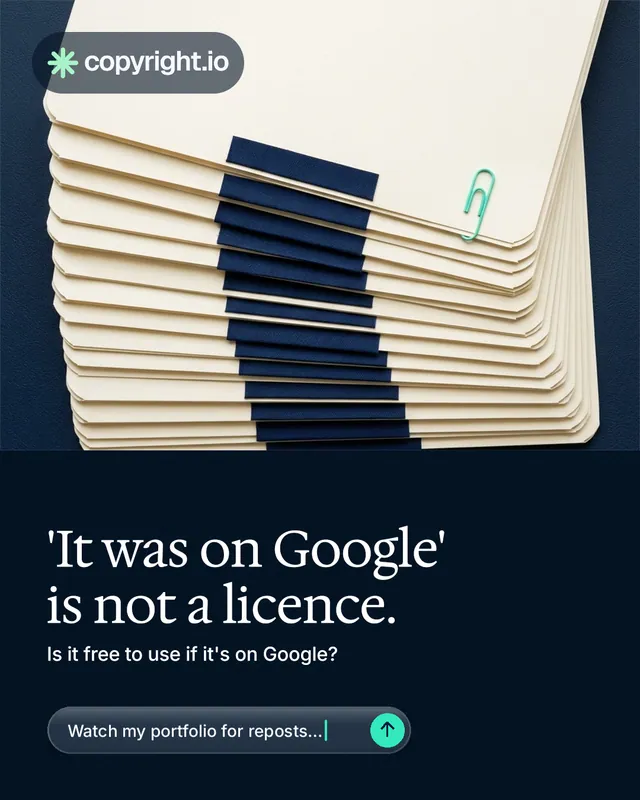 Instagram portrait post for copyright.io: "'It was on Google' is not a licence." Agentic glass style, bottom layout, dark palette in yellow, black, blue.