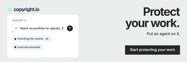 X header for copyright.io: "Protect your work." Swiss style, right layout, light palette in white, grey.