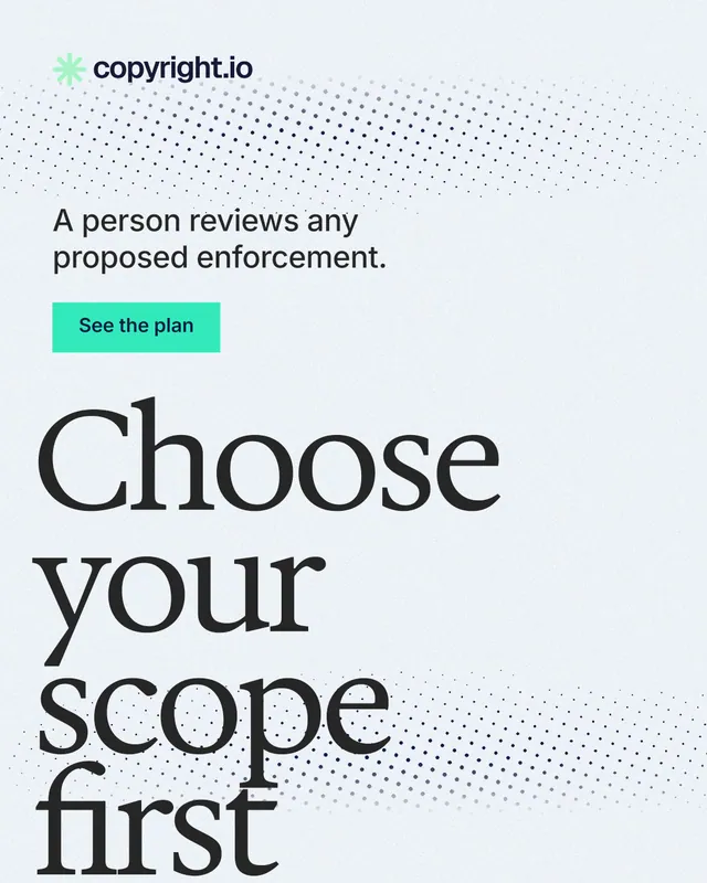 Instagram portrait post for copyright.io: "Choose your scope first." Swiss style, oversized layout, light palette in white, grey.