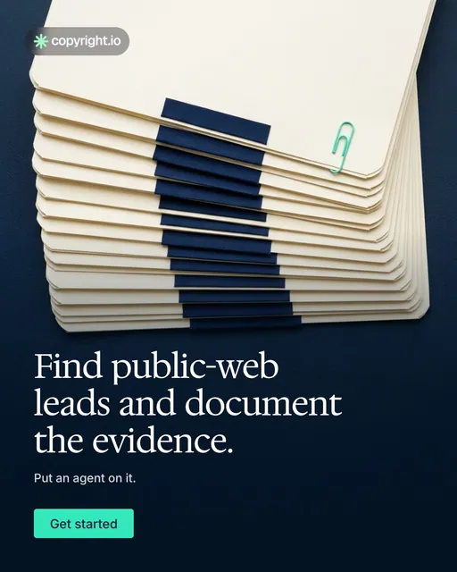 Video for copyright.io: "Find public-web leads and document the evidence.". Doc motion loop, 8.0 s, dark palette.