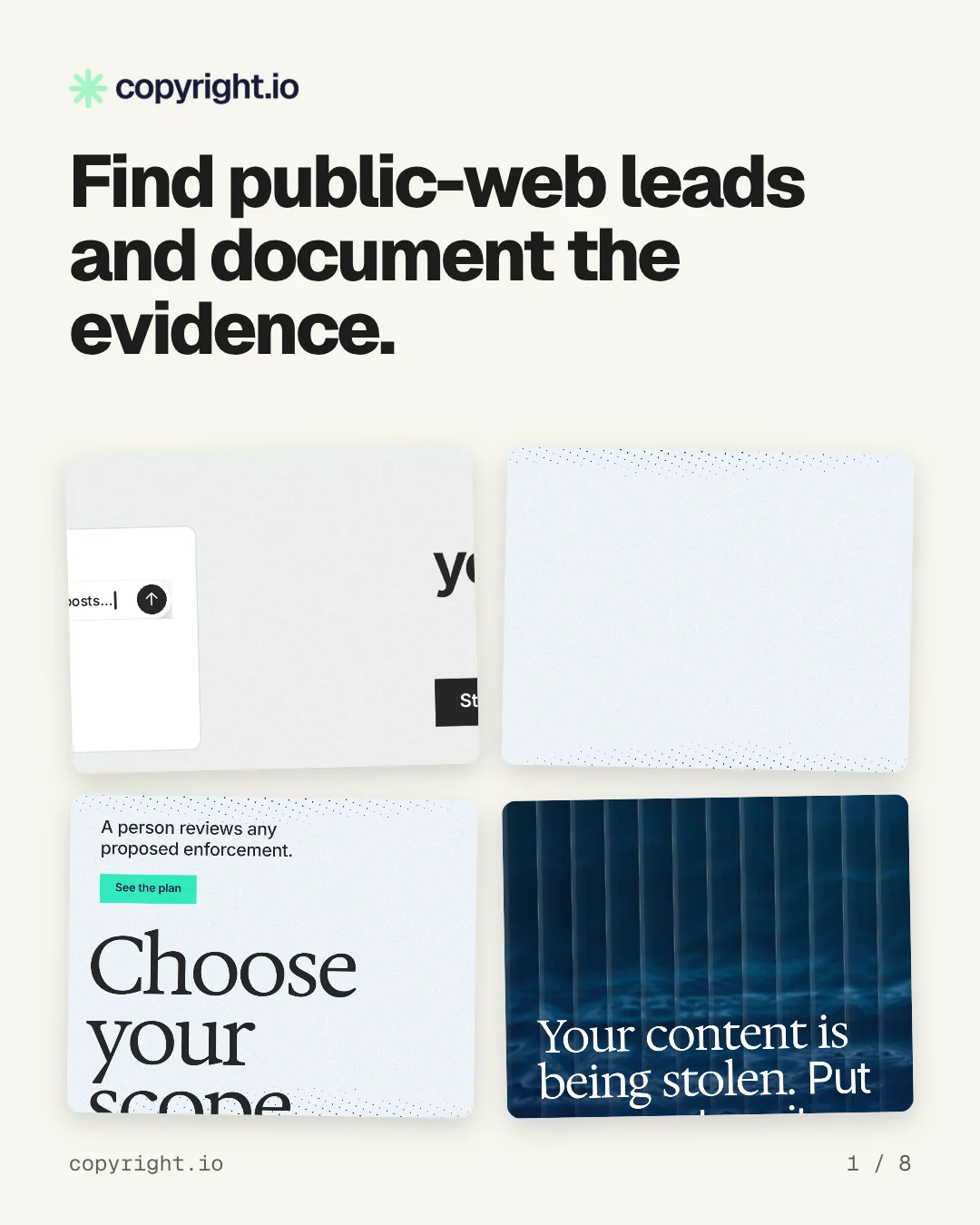 Carousel for copyright.io: "Find public-web leads and document the evidence.". Collection carousel, 8 slides, light palette.
