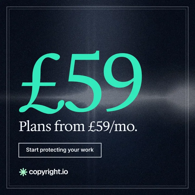 Instagram post for copyright.io: "Continuous protection for creators." Dark deco style, stat layout, dark palette in blue, black, teal.