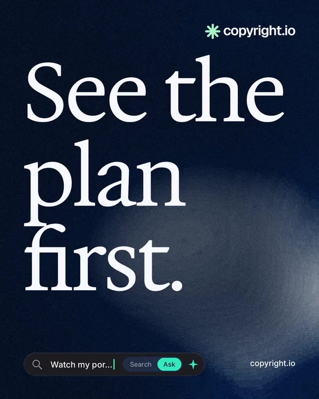 Instagram portrait post for copyright.io: "See the plan first." Thermal style, poster layout, dark palette in blue, black, grey.