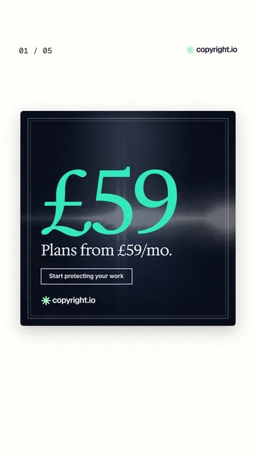 Video for copyright.io. Ad flipbook, 7.5 s, light palette.