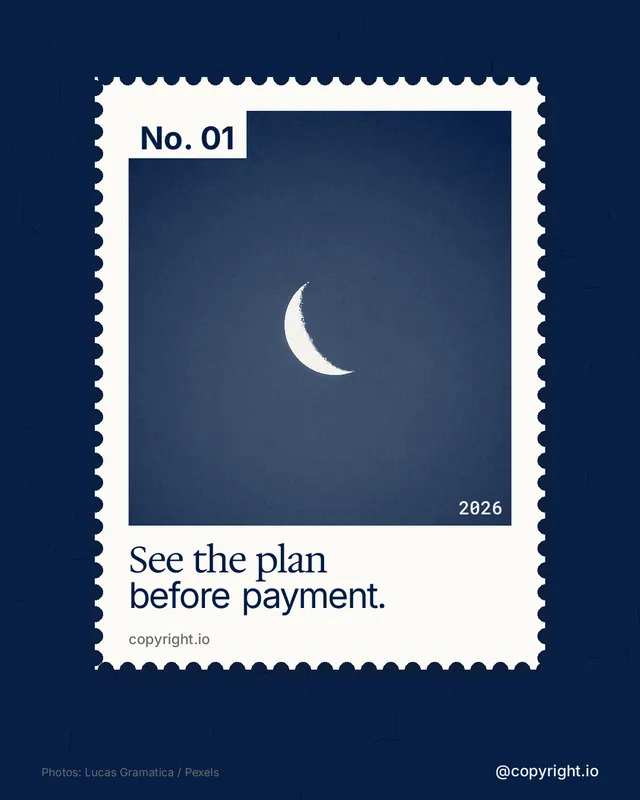Instagram portrait post for copyright.io: "See the plan before payment." Single style, technique:stamp series layout, dark palette in blue, grey.