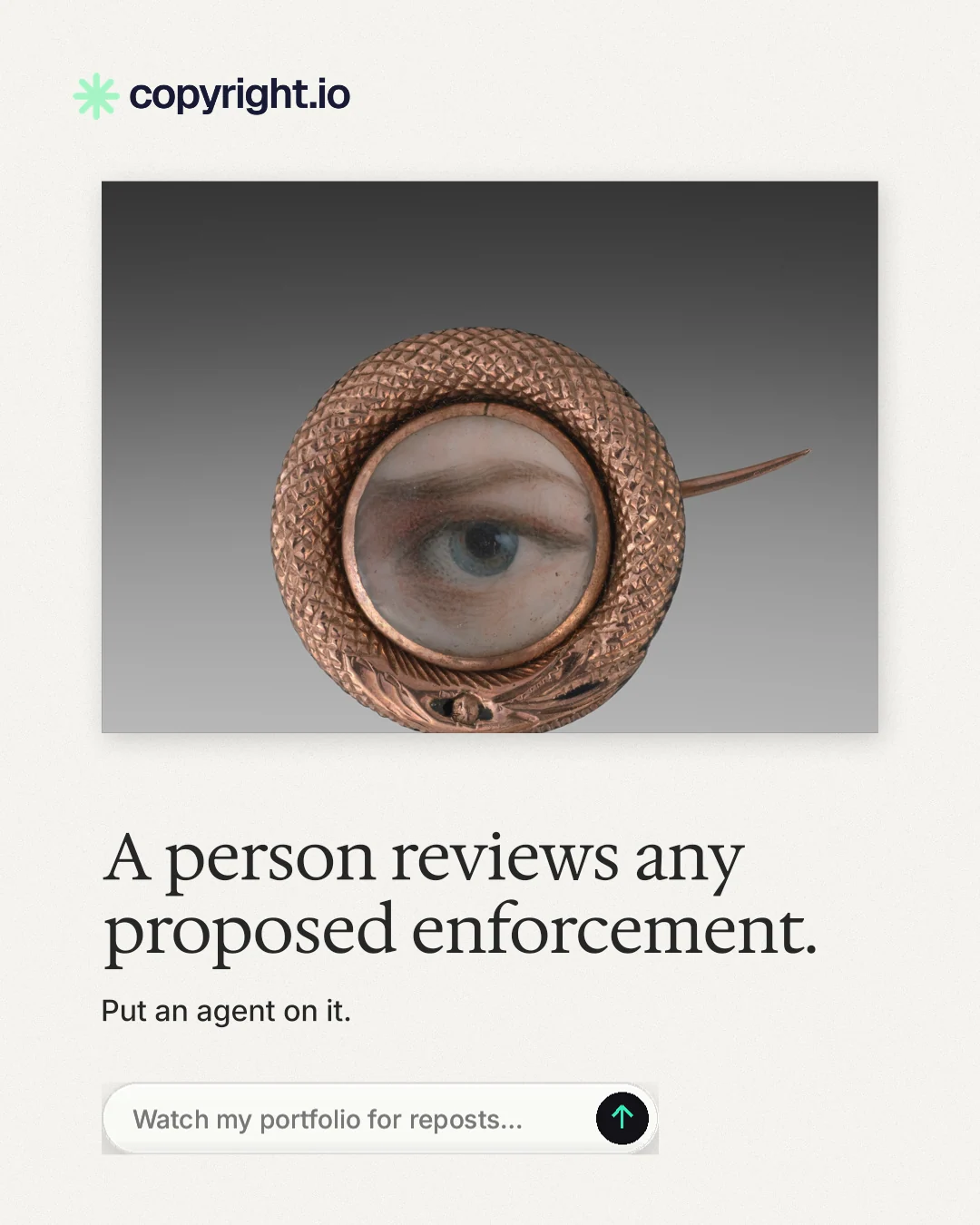 Instagram portrait post for copyright.io: "A person reviews any proposed enforcement." Agentic glass style, bottom layout, light palette in white, grey.