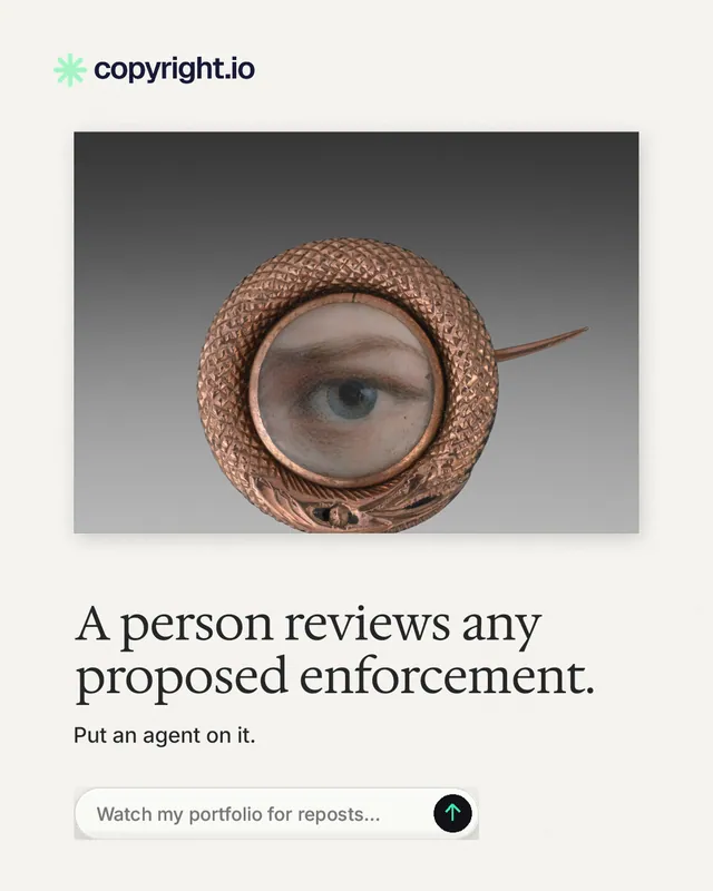 Instagram portrait post for copyright.io: "A person reviews any proposed enforcement." Agentic glass style, bottom layout, light palette in white, grey.