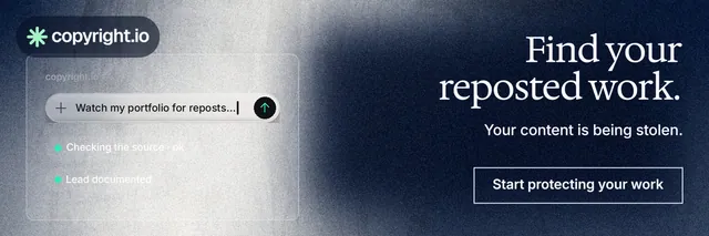 X header for copyright.io: "Find your reposted work." Cyanotype style, right layout, dark palette in white, black, grey.