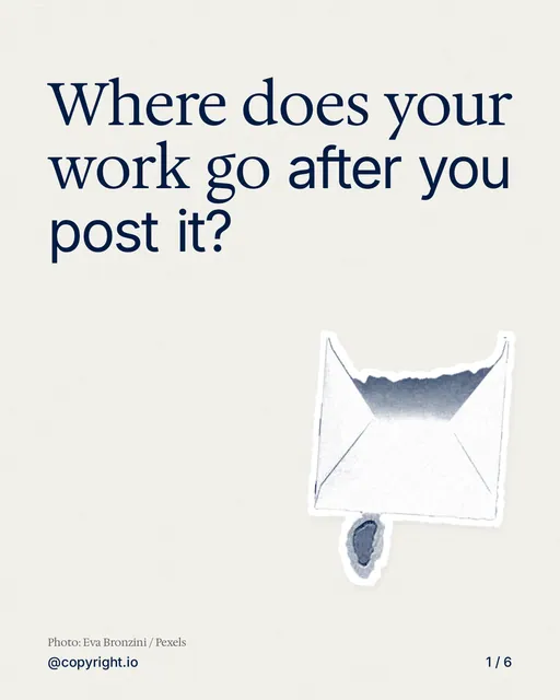 Carousel for copyright.io: "Where does your work go after you post it?". Cutout essay, 6 slides, light palette.