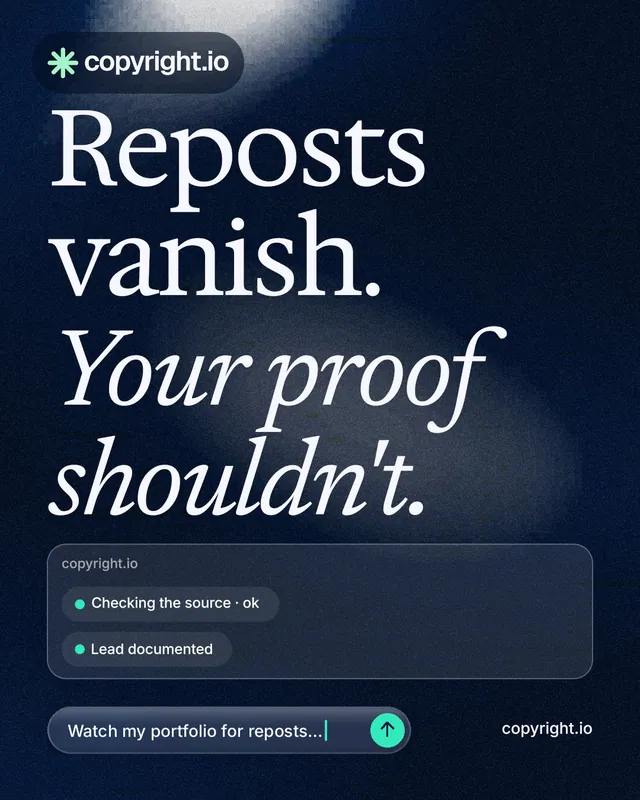 Instagram portrait post for copyright.io: "Reposts vanish. Your proof shouldn't." Thermal style, poster layout, dark palette in blue, black, grey.