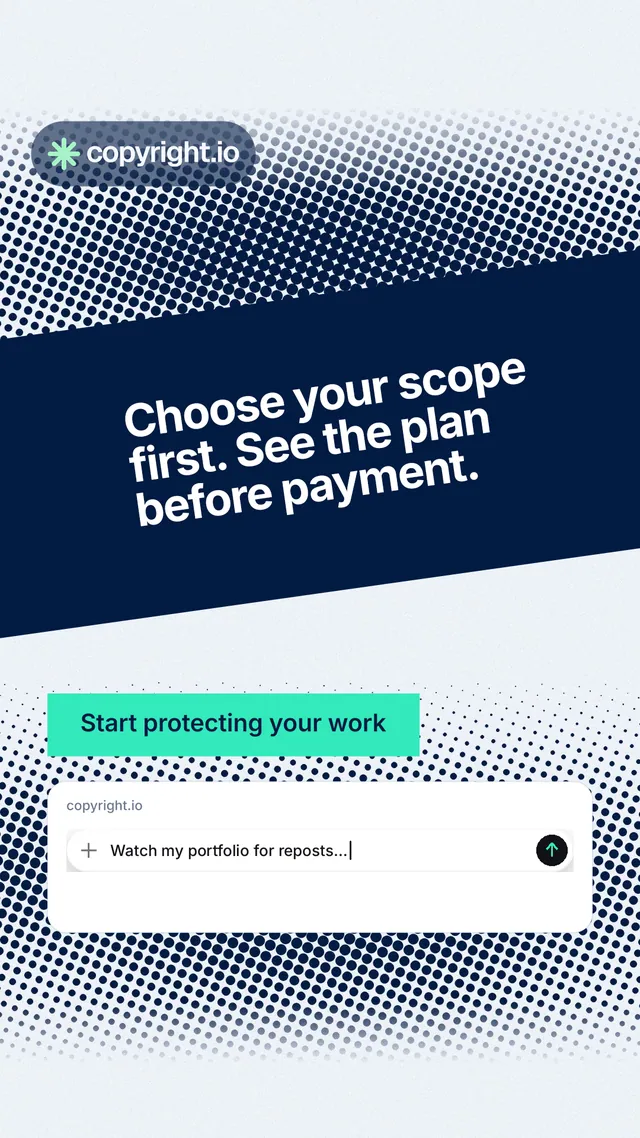 Instagram story for copyright.io: "Choose your scope first. See the plan before payment." Swiss style, diagonal layout, light palette in blue, grey, white.