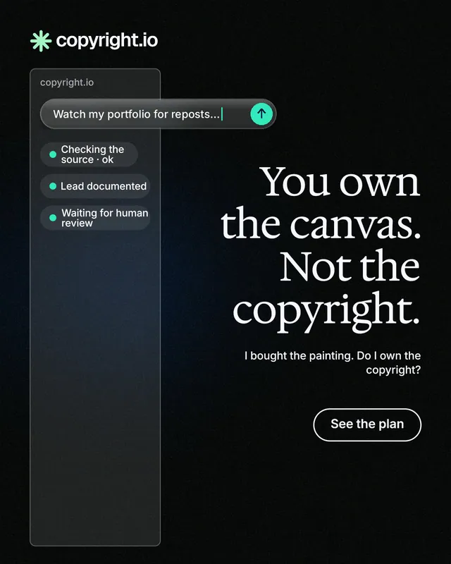 Instagram portrait post for copyright.io: "You own the canvas. Not the copyright." Phosphor atlas style, right layout, dark palette in black.