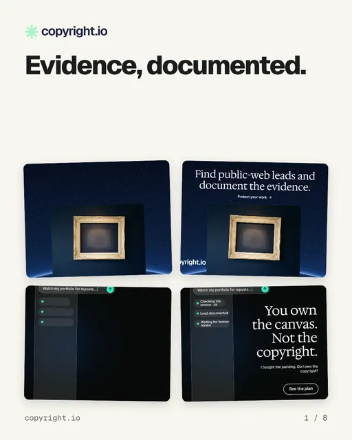Carousel for copyright.io: "Evidence, documented.". Collection carousel, 8 slides, light palette.