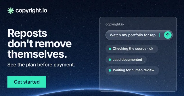 Social ad for copyright.io: "Reposts don't remove themselves." Swiss style, bottom layout, dark palette in blue, black.