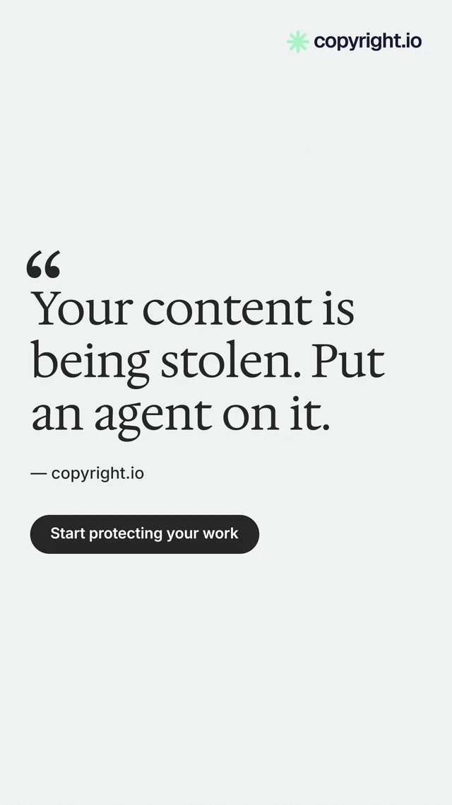 Instagram story for copyright.io: "Your content is being stolen. Put an agent on it." Data card style, quote layout, light palette in white.