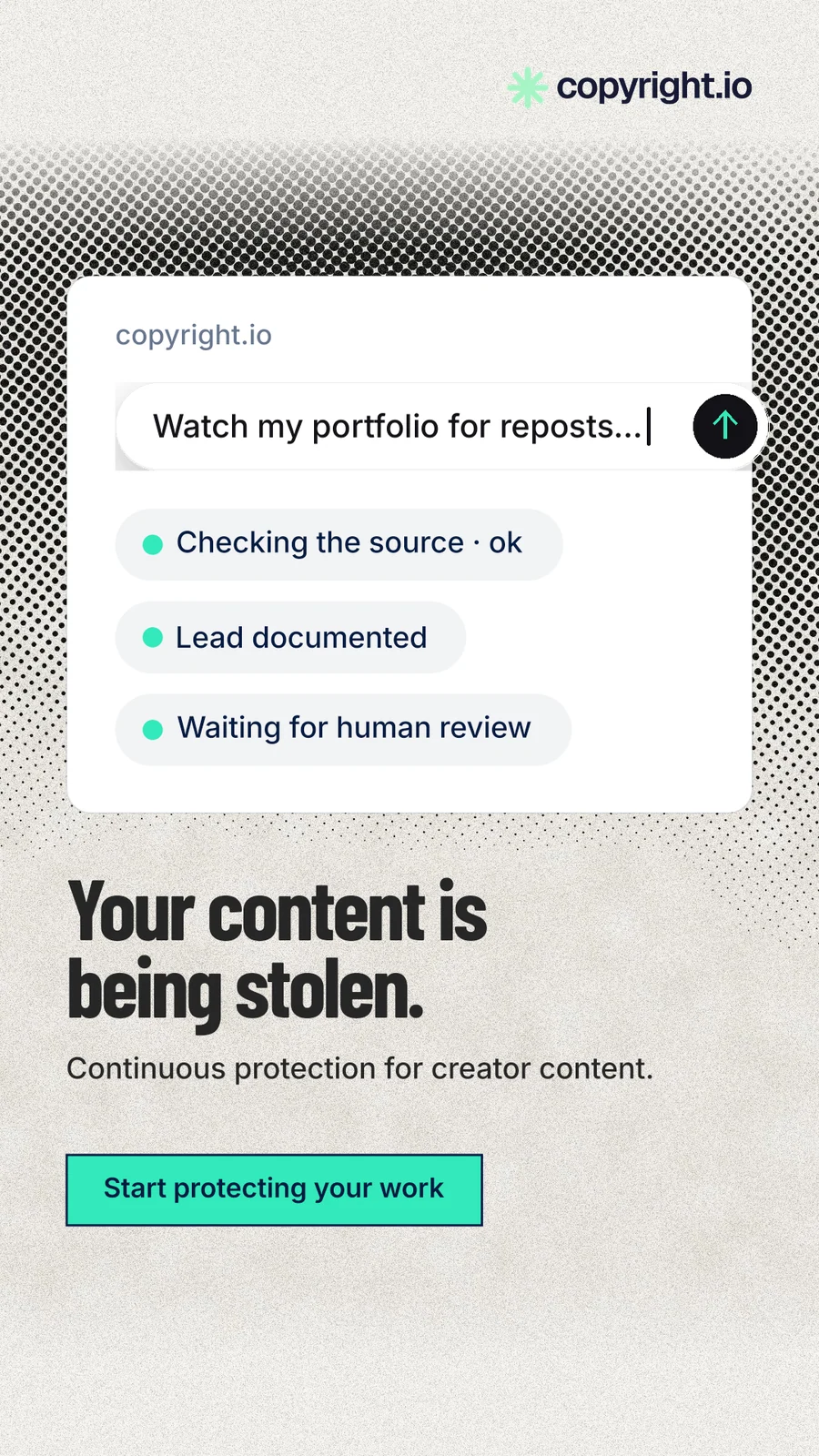 Instagram story for copyright.io: "Your content is being stolen." Ink sticker style, bottom layout, light palette in white, grey.