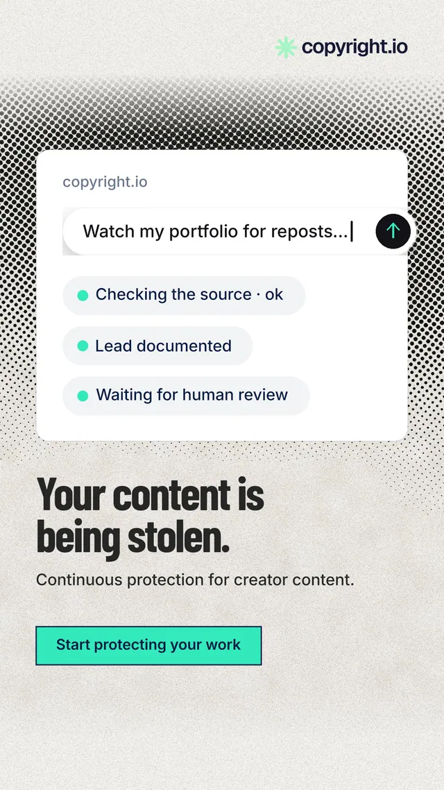 Instagram story for copyright.io: "Your content is being stolen." Ink sticker style, bottom layout, light palette in white, grey.