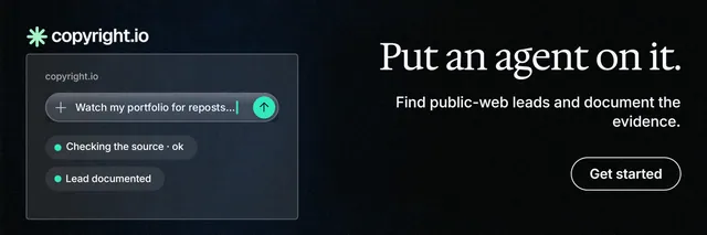 X header for copyright.io: "Put an agent on it." Phosphor atlas style, right layout, dark palette in black, blue, grey.