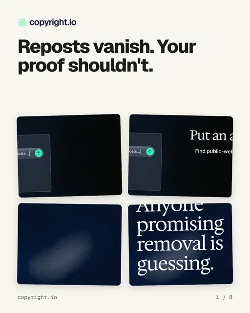 Carousel for copyright.io: "Reposts vanish. Your proof shouldn't.". Collection carousel, 8 slides, light palette.