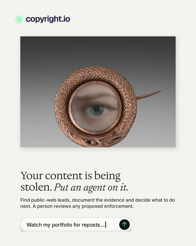Instagram portrait post for copyright.io: "Your content is being stolen. Put an agent on it." Agentic glass style, bottom layout, light palette in white, grey.