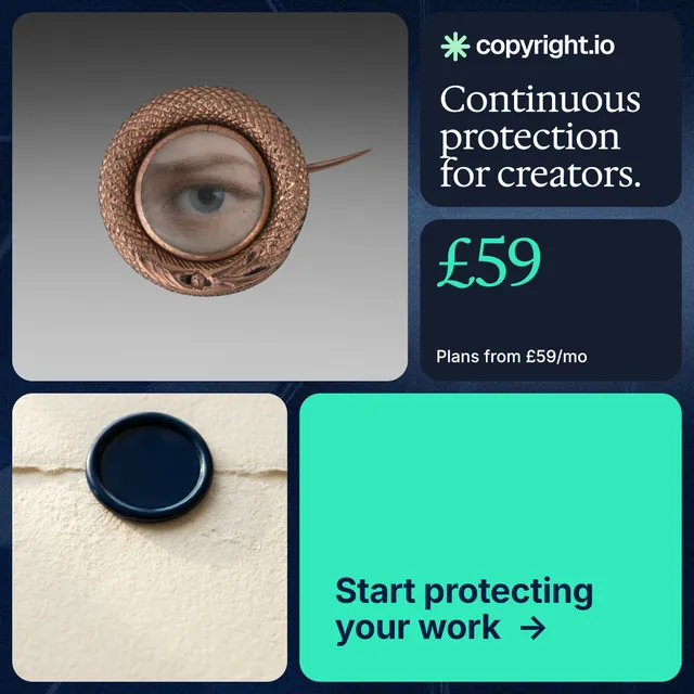 Instagram post for copyright.io: "Continuous protection for creators." Agentic glass style, bento layout, light palette in grey, blue, teal.