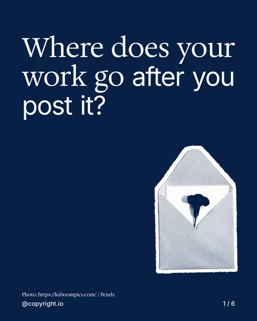 Carousel for copyright.io: "Where does your work go after you post it?". Cutout essay, 6 slides, dark palette.