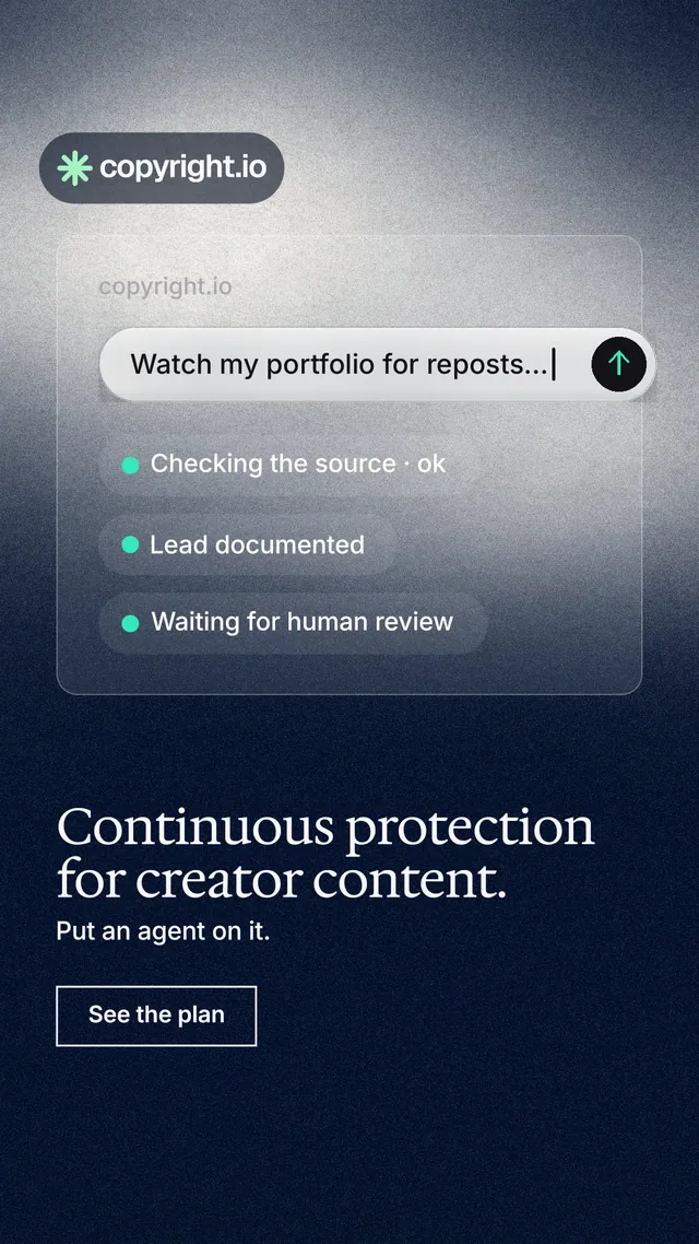 Instagram story for copyright.io: "Continuous protection for creator content." Cyanotype style, bottom layout, dark palette in black, grey, blue.