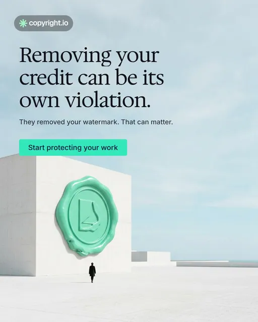 Video for copyright.io: "Removing your credit can be its own violation.". Doc motion loop, 7.0 s, light palette.
