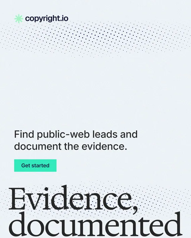 Instagram portrait post for copyright.io: "Evidence, documented." Swiss style, oversized layout, light palette in white, grey, teal.