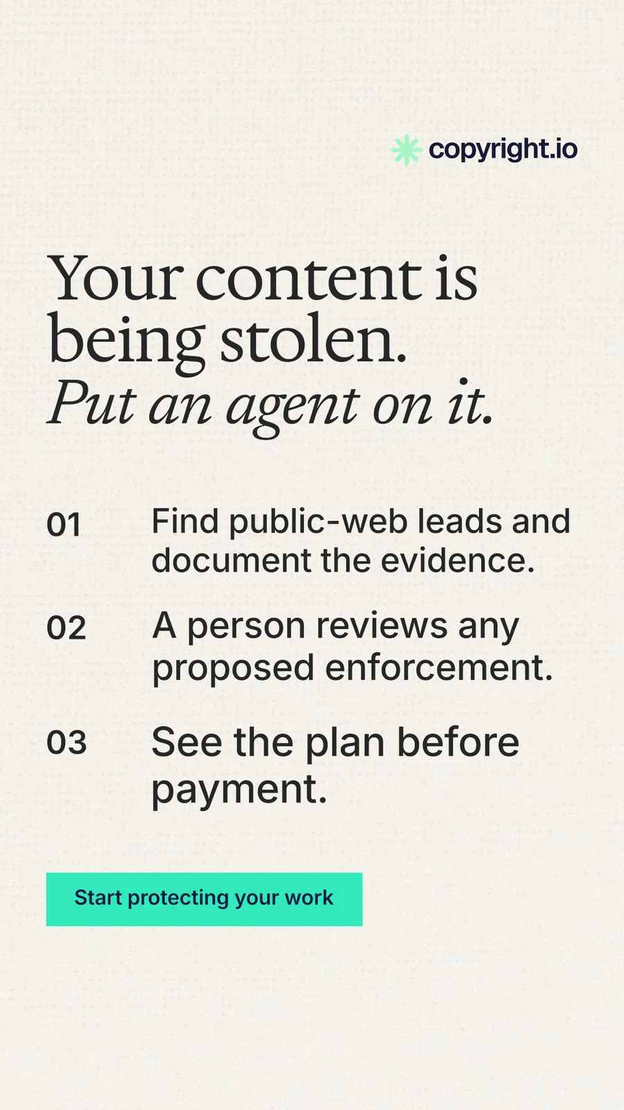 Instagram story for copyright.io: "Your content is being stolen. Put an agent on it." Swiss style, numbered layout, light palette in white, grey.