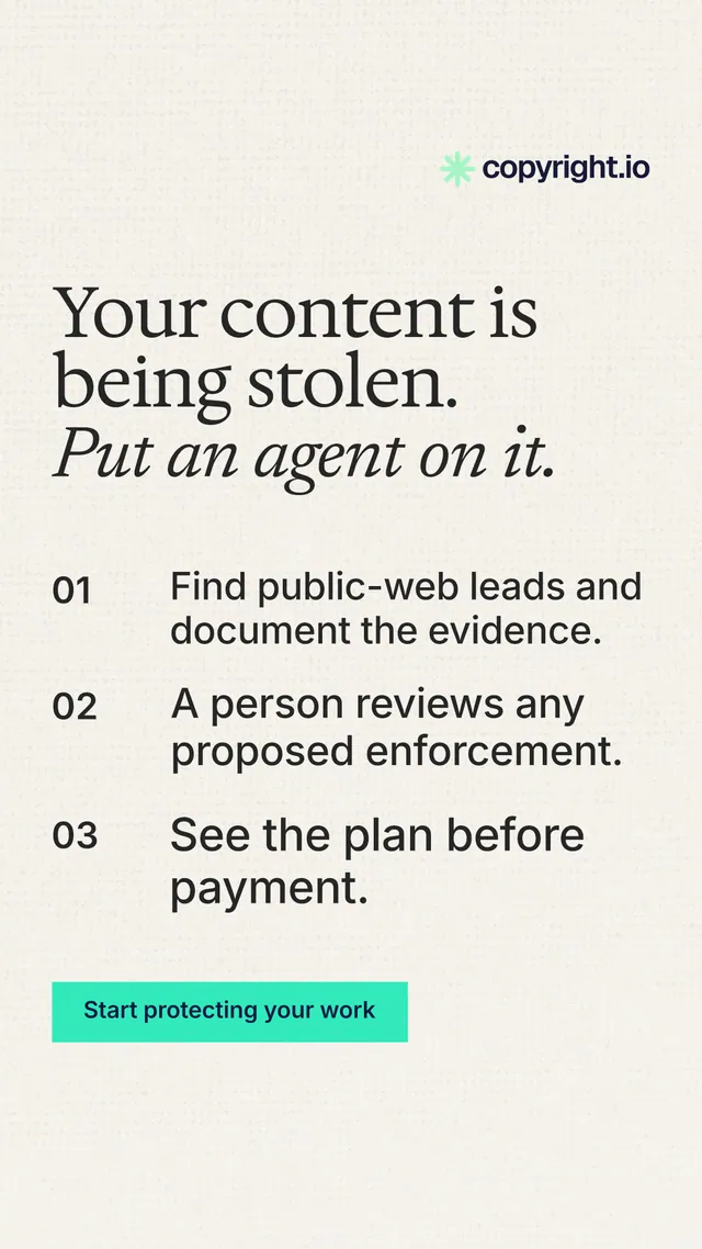 Instagram story for copyright.io: "Your content is being stolen. Put an agent on it." Swiss style, numbered layout, light palette in white, grey.