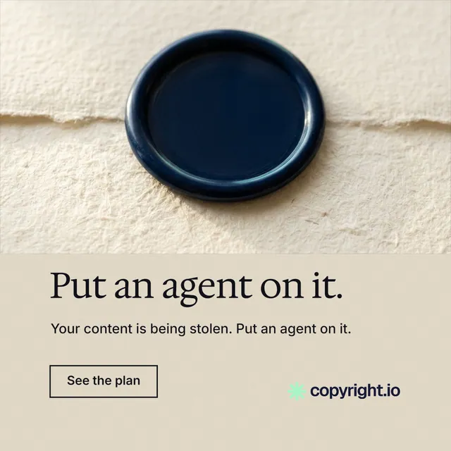 Instagram post for copyright.io: "Put an agent on it." Editorial style, bottom layout, light palette in orange, yellow, black.