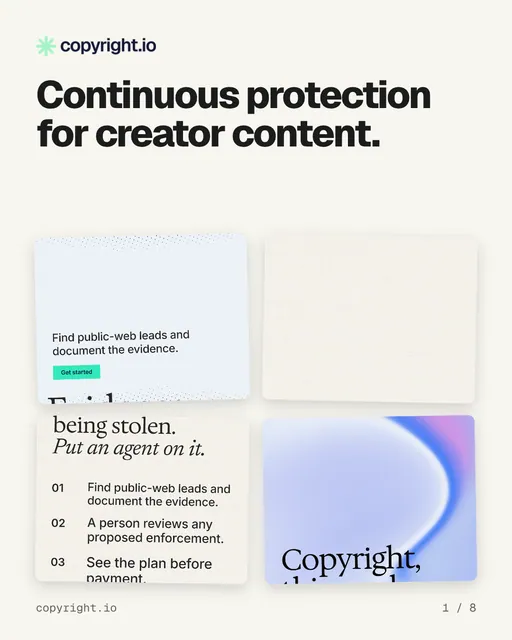 Carousel for copyright.io: "Continuous protection for creator content.". Collection carousel, 8 slides, light palette.
