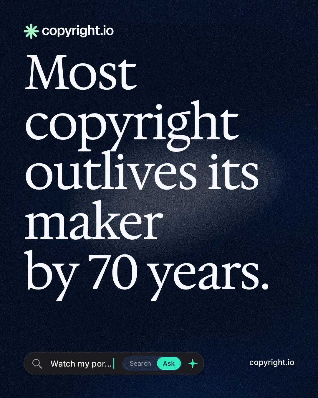 Instagram portrait post for copyright.io: "Most copyright outlives its maker by 70 years." Thermal style, poster layout, dark palette in black, grey.