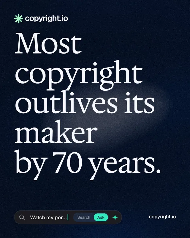 Instagram portrait post for copyright.io: "Most copyright outlives its maker by 70 years." Thermal style, poster layout, dark palette in black, grey.