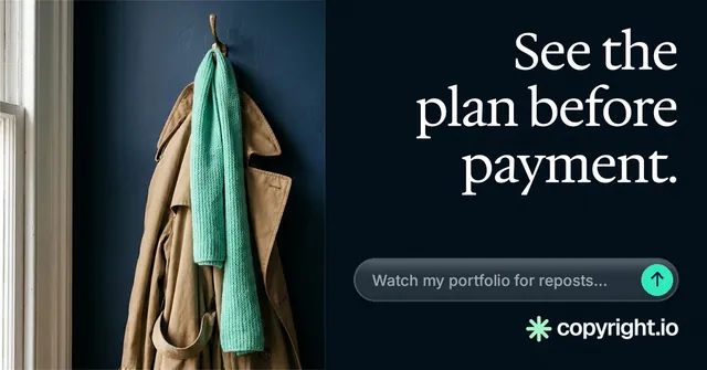 Social ad for copyright.io: "See the plan before payment." Agentic glass style, right layout, dark palette in black, grey.