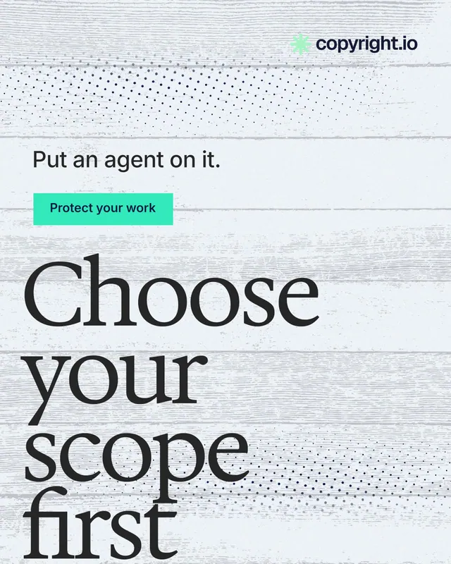 Instagram portrait post for copyright.io: "Choose your scope first." Swiss style, oversized layout, light palette in white, blue, grey.