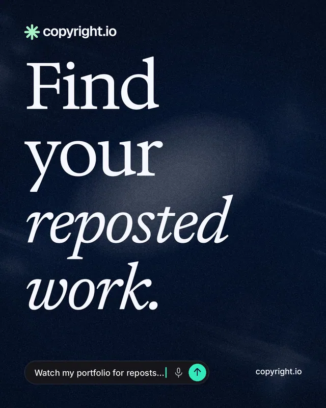 Instagram portrait post for copyright.io: "Find your reposted work." Thermal style, poster layout, dark palette in black, blue, grey.