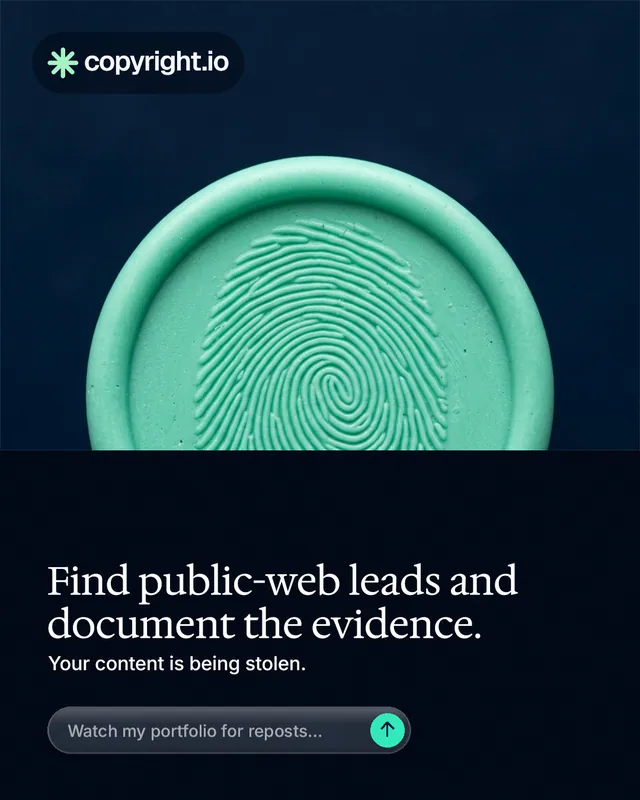 Instagram portrait post for copyright.io: "Find public-web leads and document the evidence." Agentic glass style, bottom layout, dark palette in black, teal, blue.