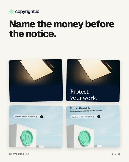 Carousel for copyright.io: "Name the money before the notice.". Collection carousel, 8 slides, light palette.