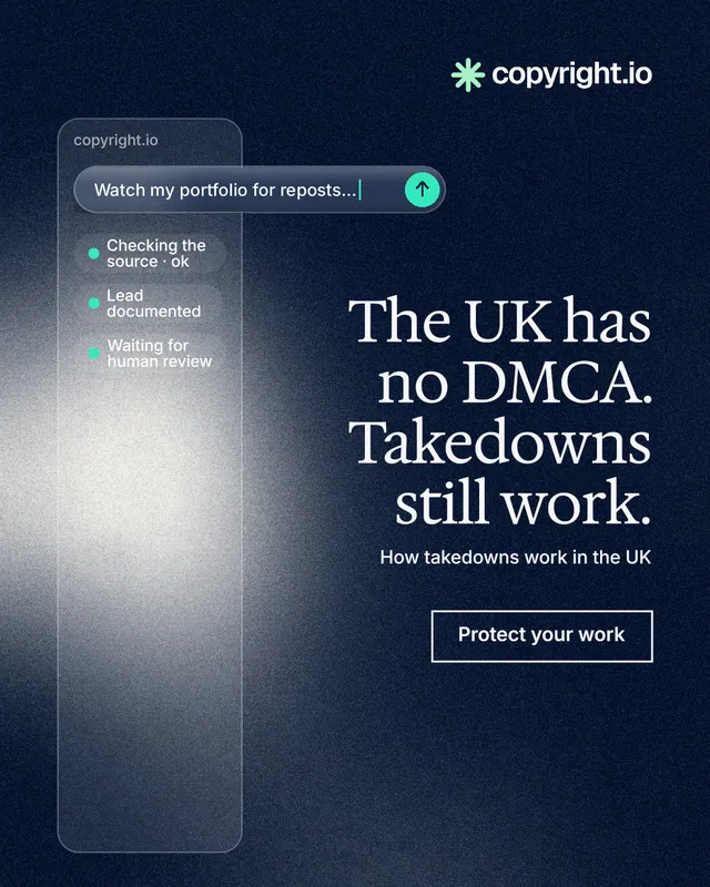 Instagram portrait post for copyright.io: "The UK has no DMCA. Takedowns still work." Cyanotype style, right layout, dark palette in blue, black, grey.