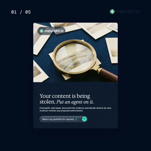 Video for copyright.io. Ad flipbook, 7.5 s, dark palette.