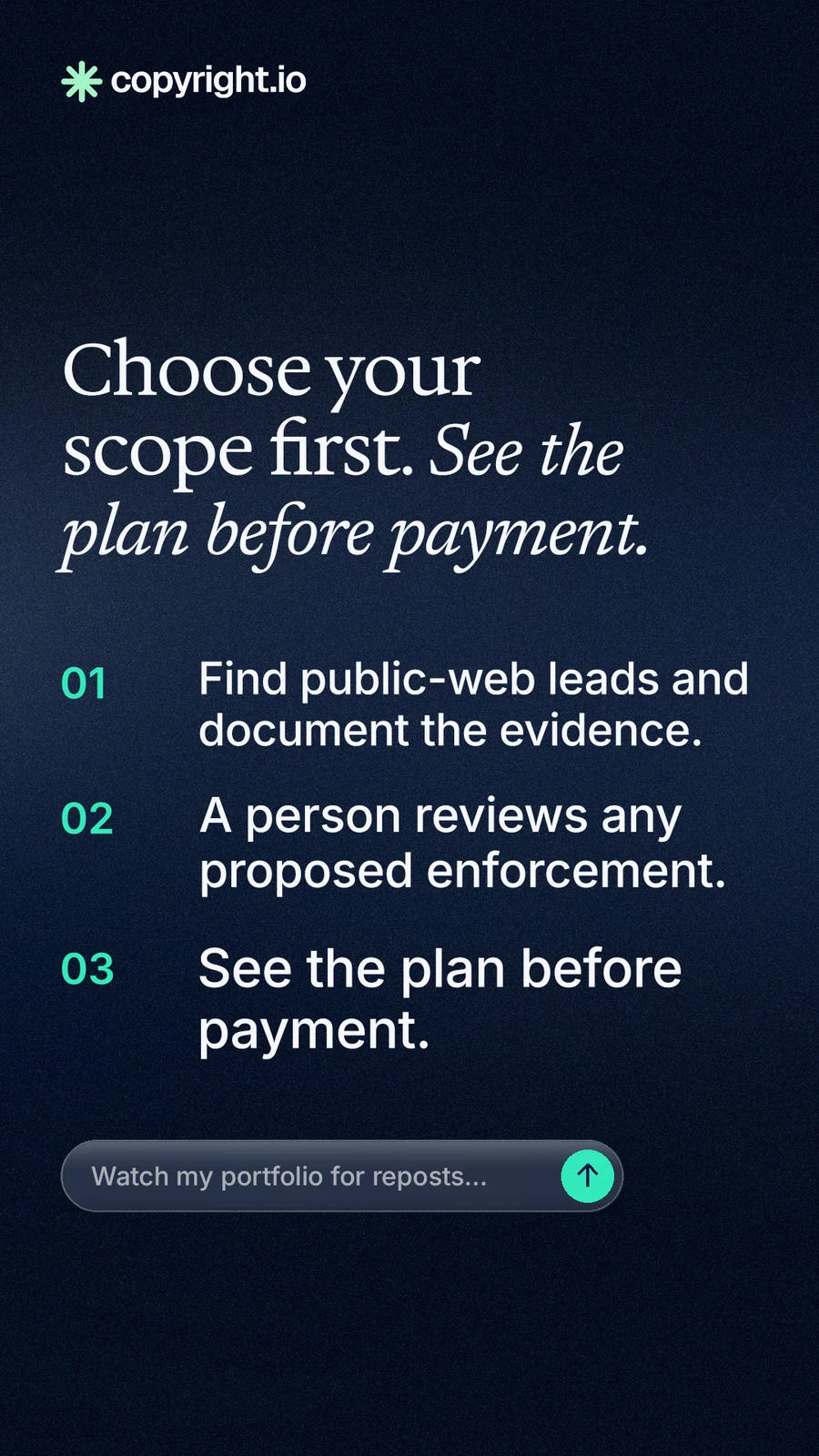 Instagram story for copyright.io: "Choose your scope first. See the plan before payment." Agentic glass style, numbered layout, dark palette in black, blue, grey.