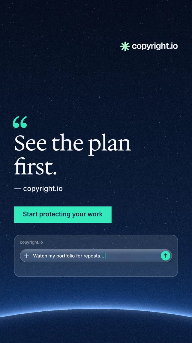 Instagram story for copyright.io: "See the plan first." Swiss style, quote layout, dark palette in blue, black.