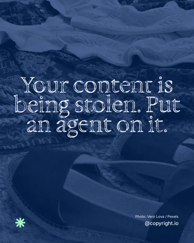 Instagram portrait post for copyright.io: "Your content is being stolen. Put an agent on it." Scribble style, technique:raster type fx layout, dark palette in blue.