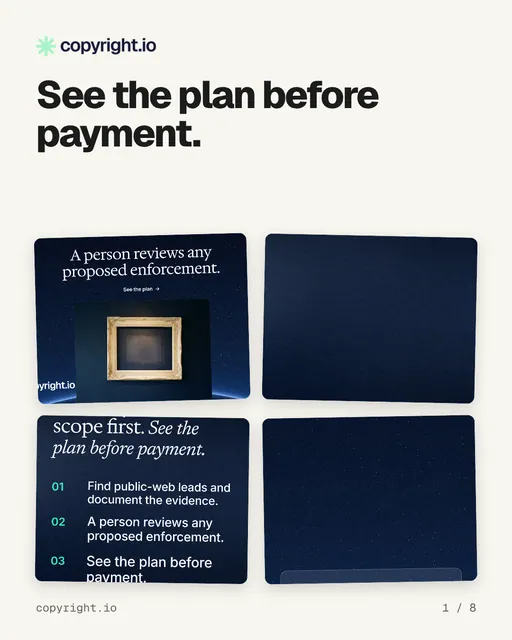 Carousel for copyright.io: "See the plan before payment.". Collection carousel, 8 slides, light palette.