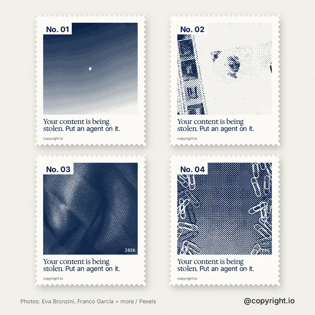 Instagram post for copyright.io: "Your content is being stolen. Put an agent on it." Sheet style, technique:stamp series layout, light palette in white, blue.