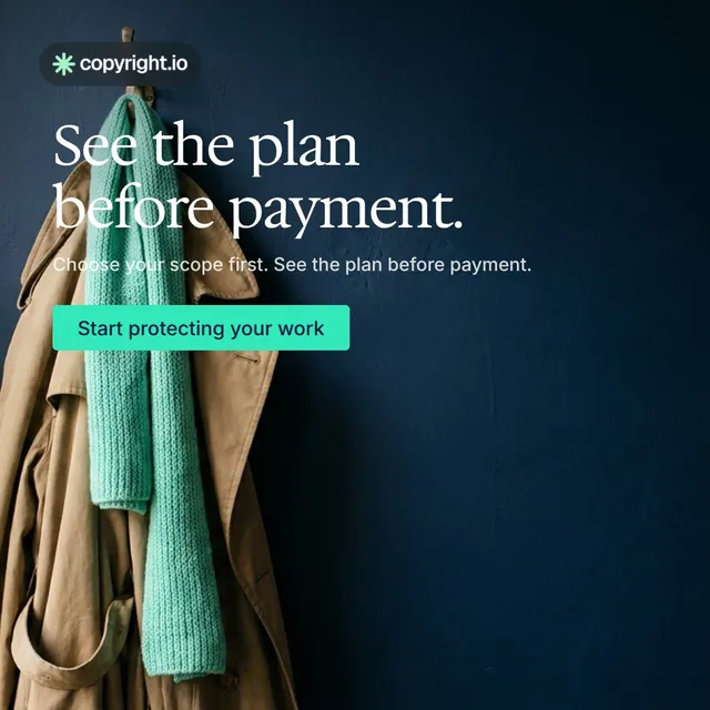 Video for copyright.io: "See the plan before payment.". Doc motion loop, 8.0 s, dark palette.