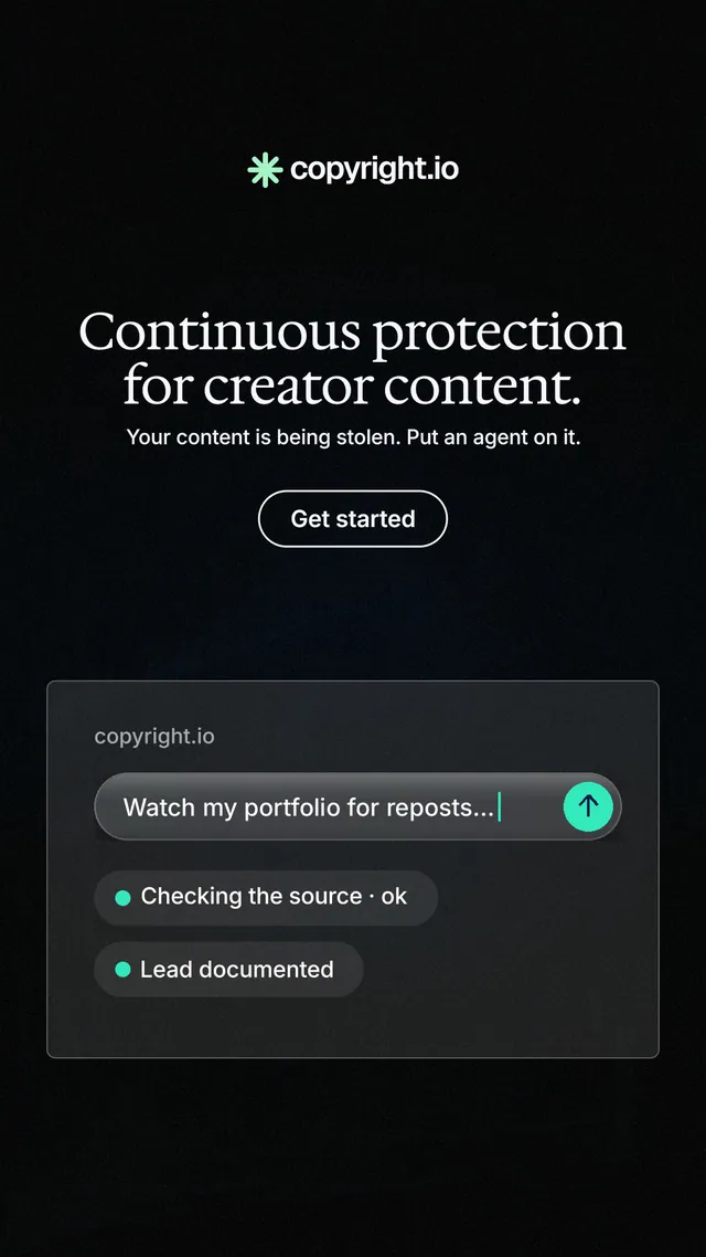 Instagram story for copyright.io: "Continuous protection for creator content." Phosphor atlas style, centred layout, dark palette in black.